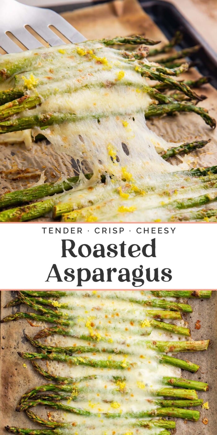 Pin graphic for cheesy roasted asparagus.