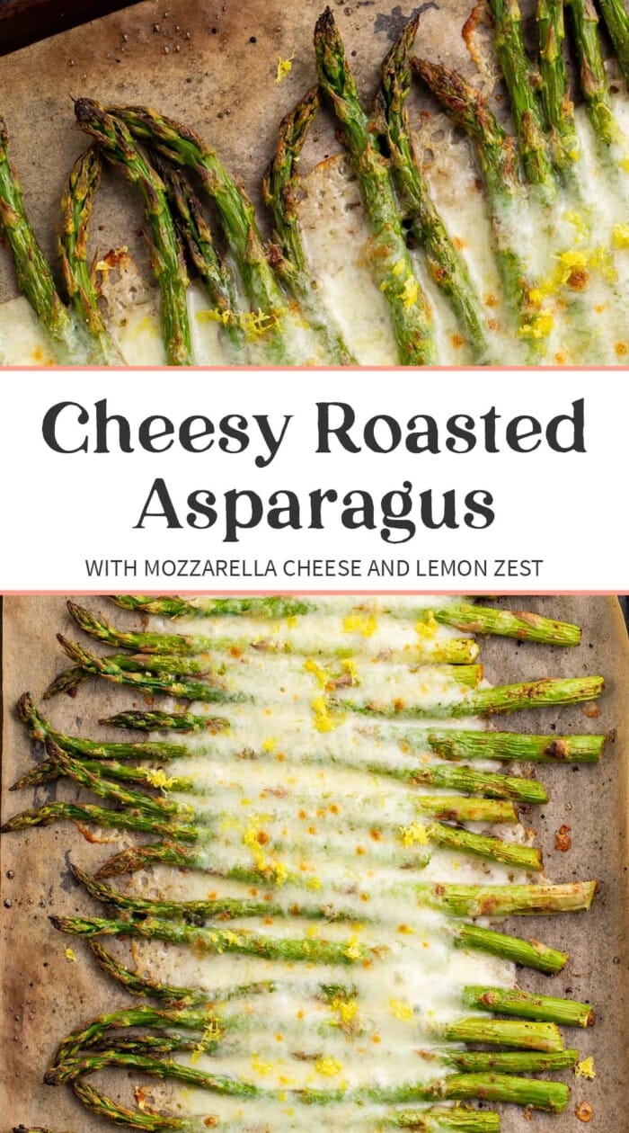 Pin graphic for cheesy roasted asparagus.