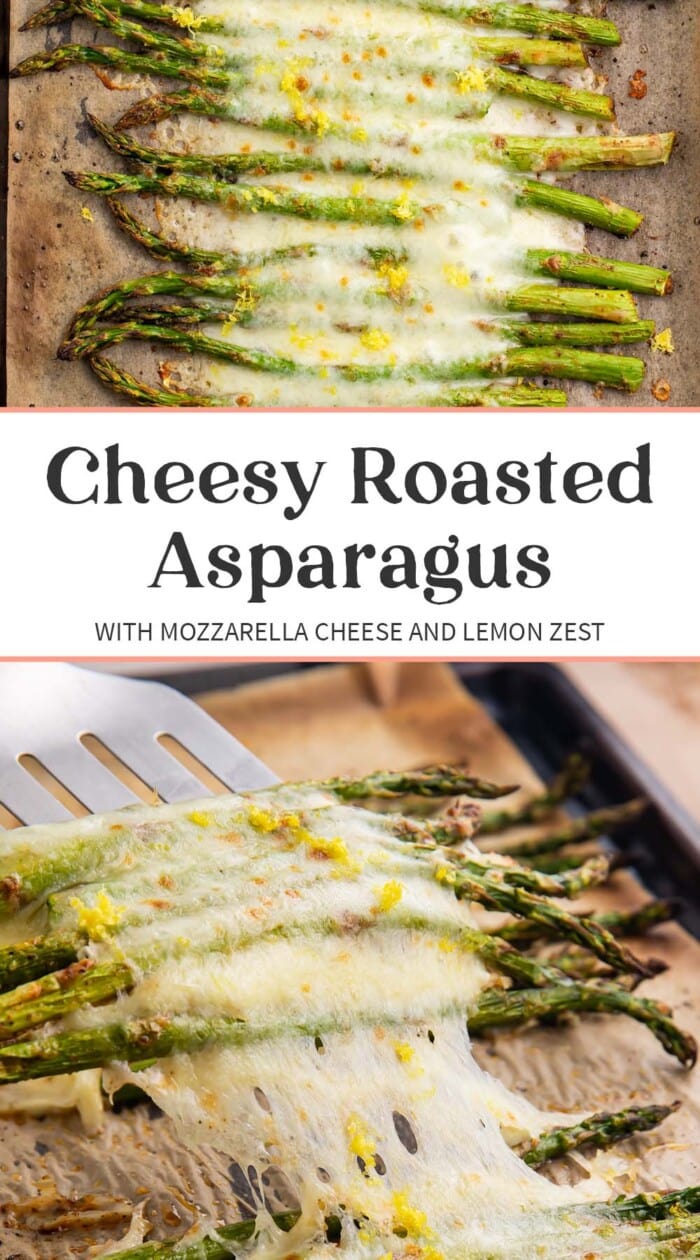 Pin graphic for cheesy roasted asparagus.