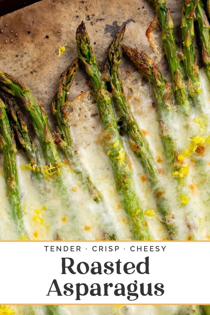 Pin graphic for cheesy roasted asparagus.