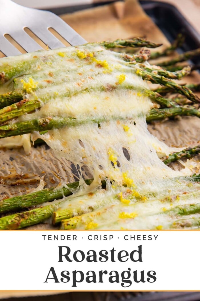 Pin graphic for cheesy roasted asparagus.