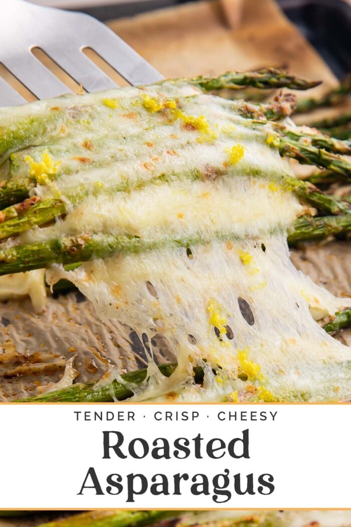 Pin graphic for cheesy roasted asparagus.