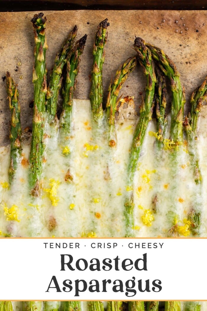 Pin graphic for cheesy roasted asparagus.