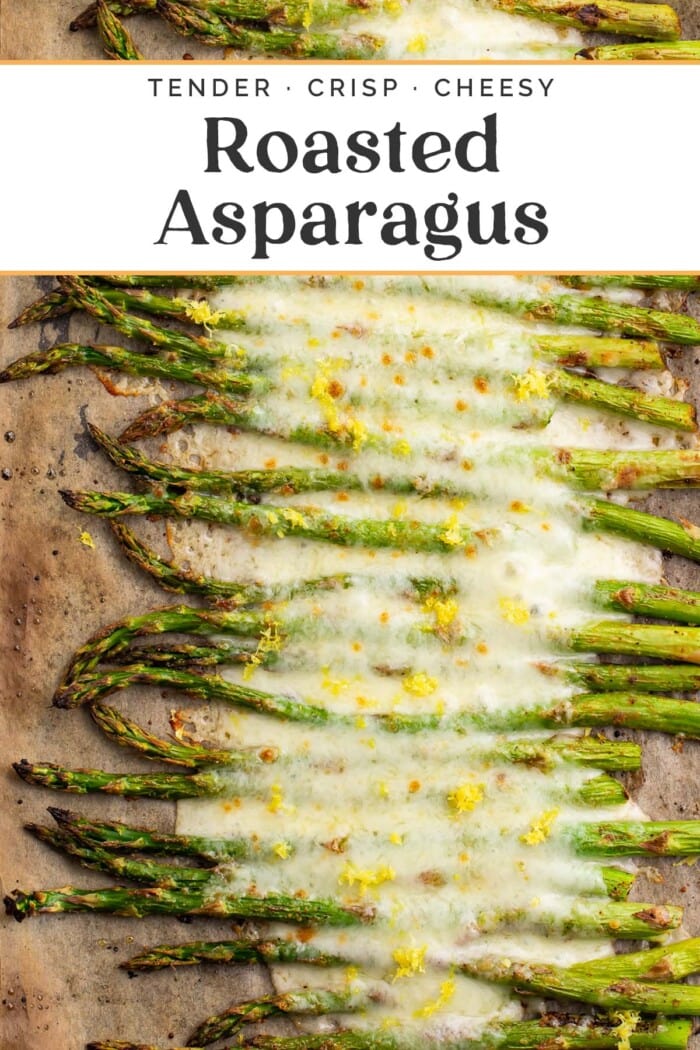 Pin graphic for cheesy roasted asparagus.