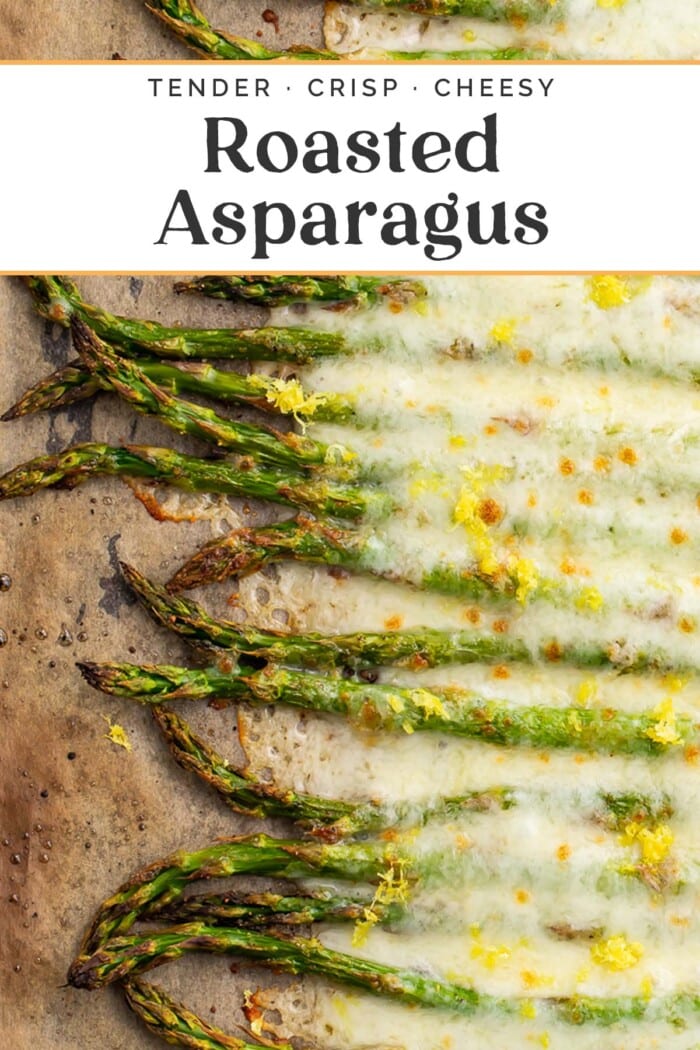 Pin graphic for cheesy roasted asparagus.