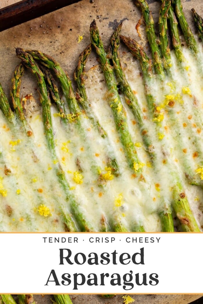 Pin graphic for cheesy roasted asparagus.