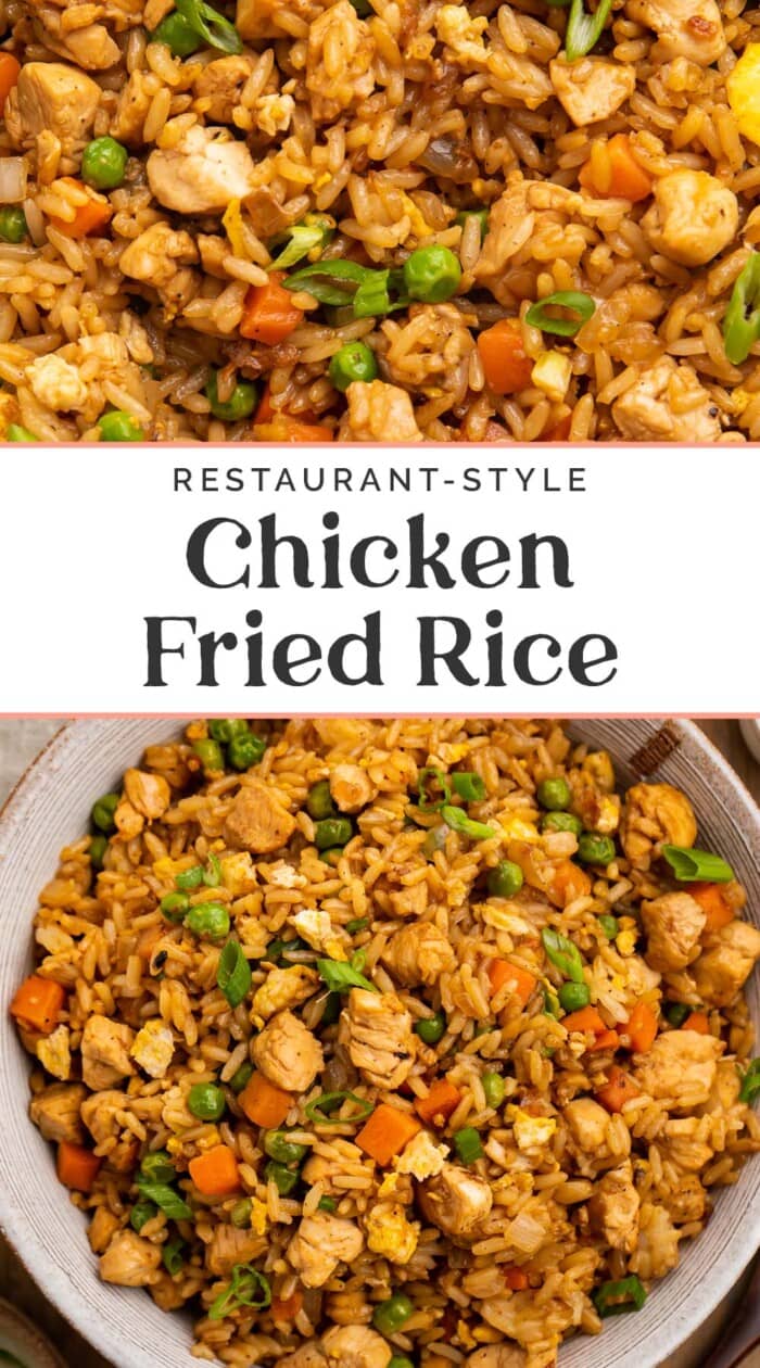 Pin graphic for chicken fried rice.