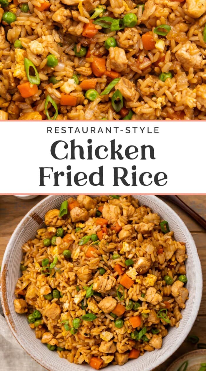 Pin graphic for chicken fried rice.