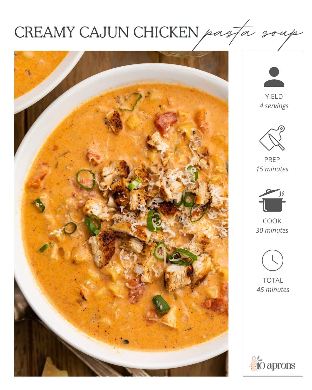 Pin graphic for creamy cajun chicken pasta soup.