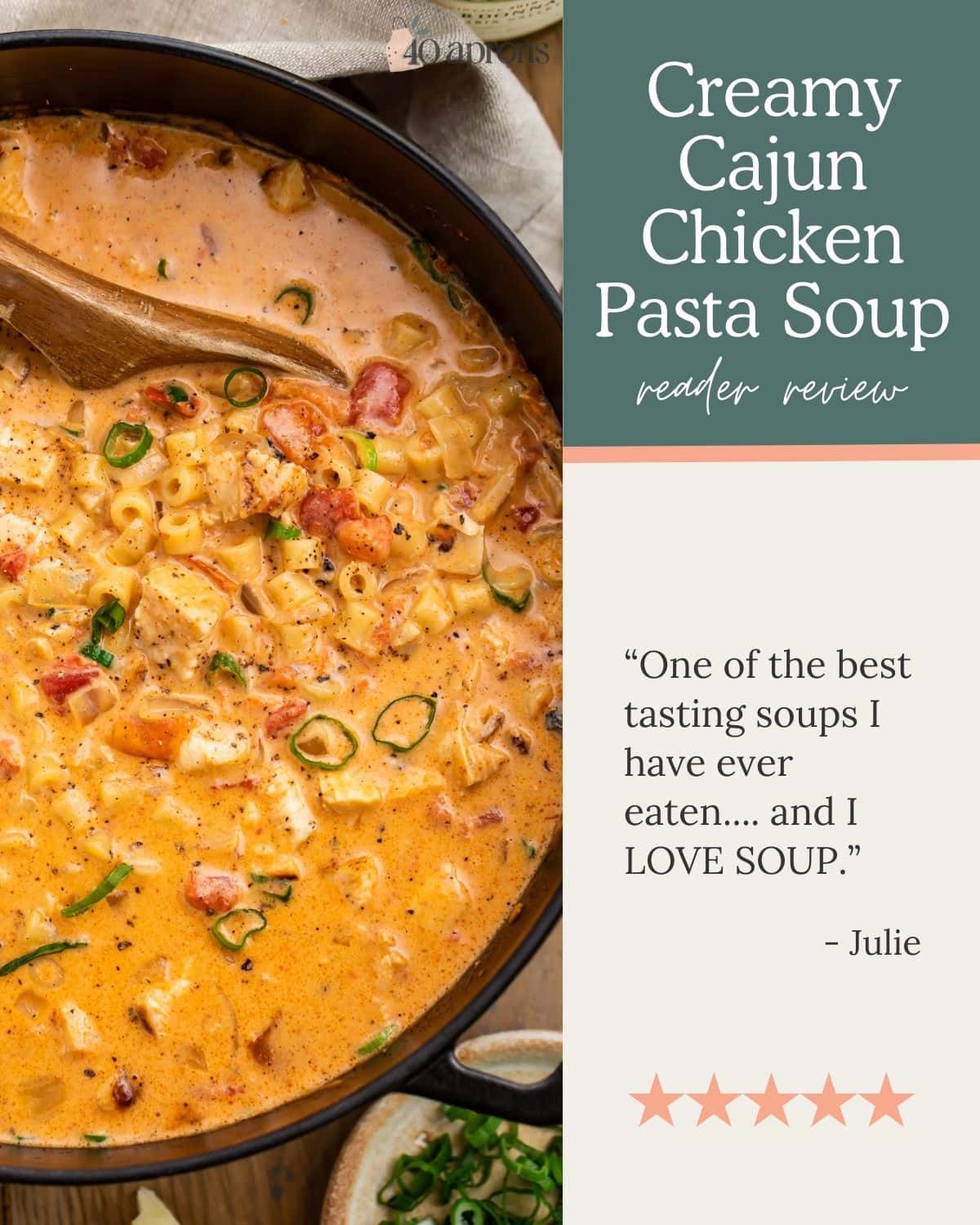 Pin graphic for creamy cajun chicken pasta soup.