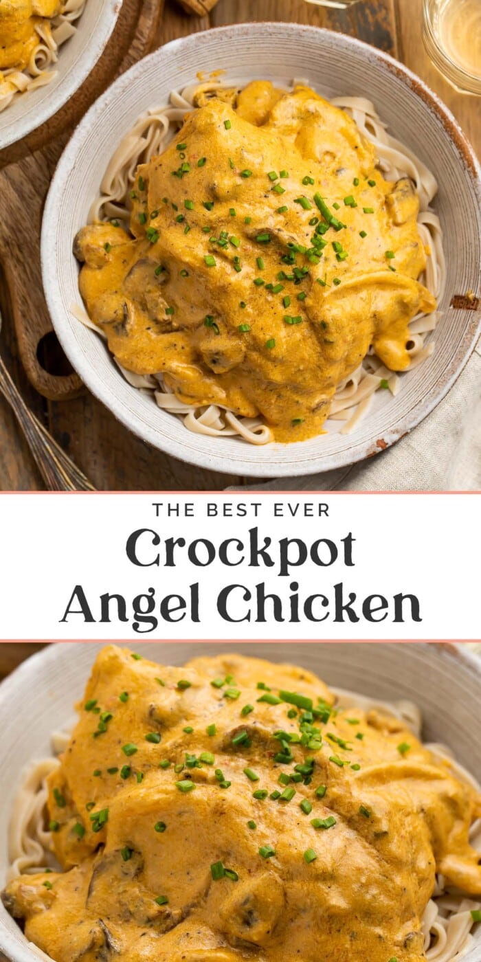 Pin graphic for crockpot angel chicken.