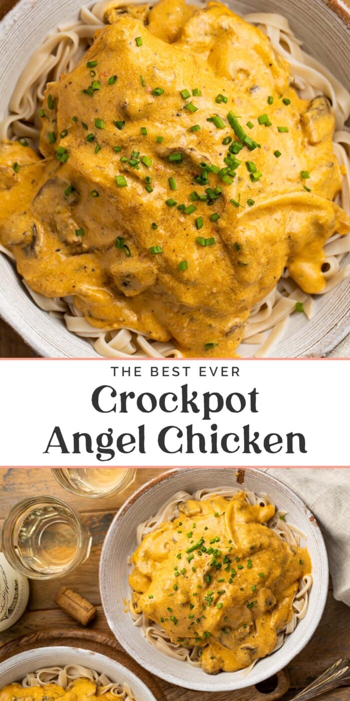 Pin graphic for crockpot angel chicken.