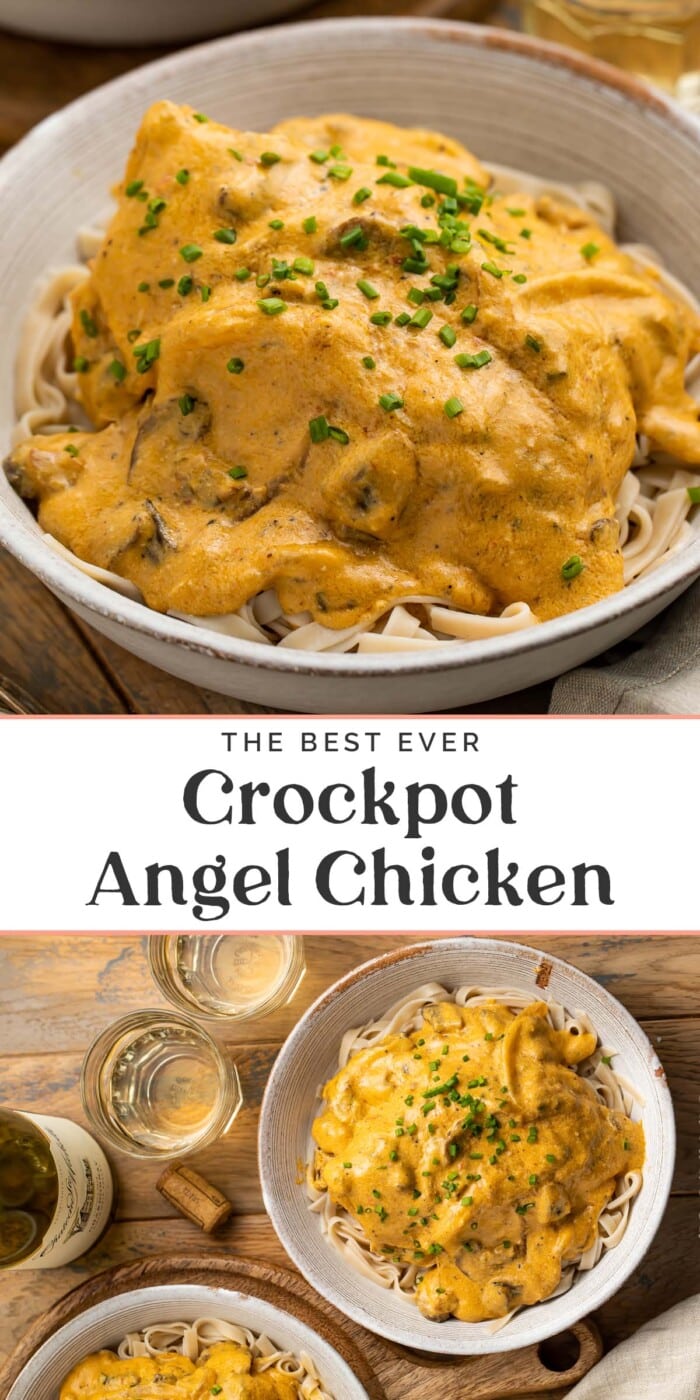 Pin graphic for crockpot angel chicken.