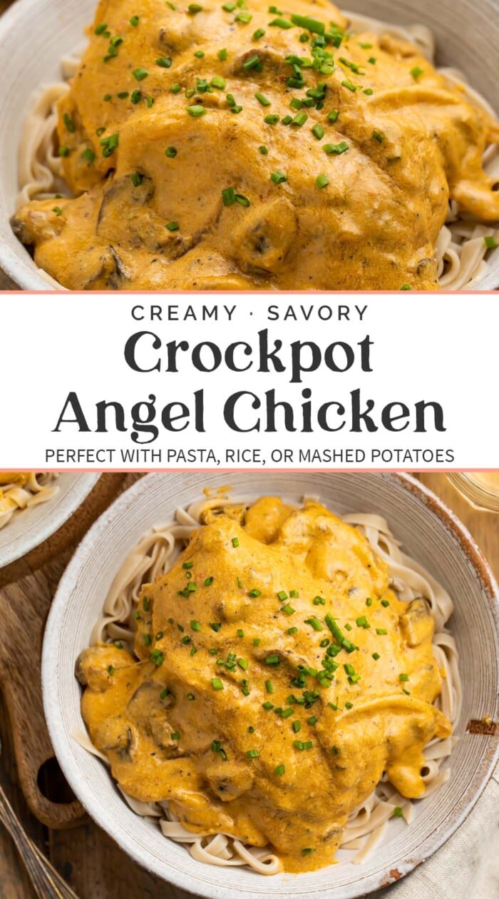 Pin graphic for crockpot angel chicken.