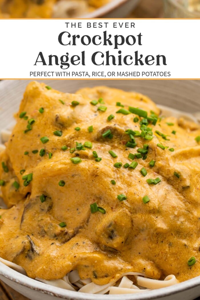 Pin graphic for crockpot angel chicken.