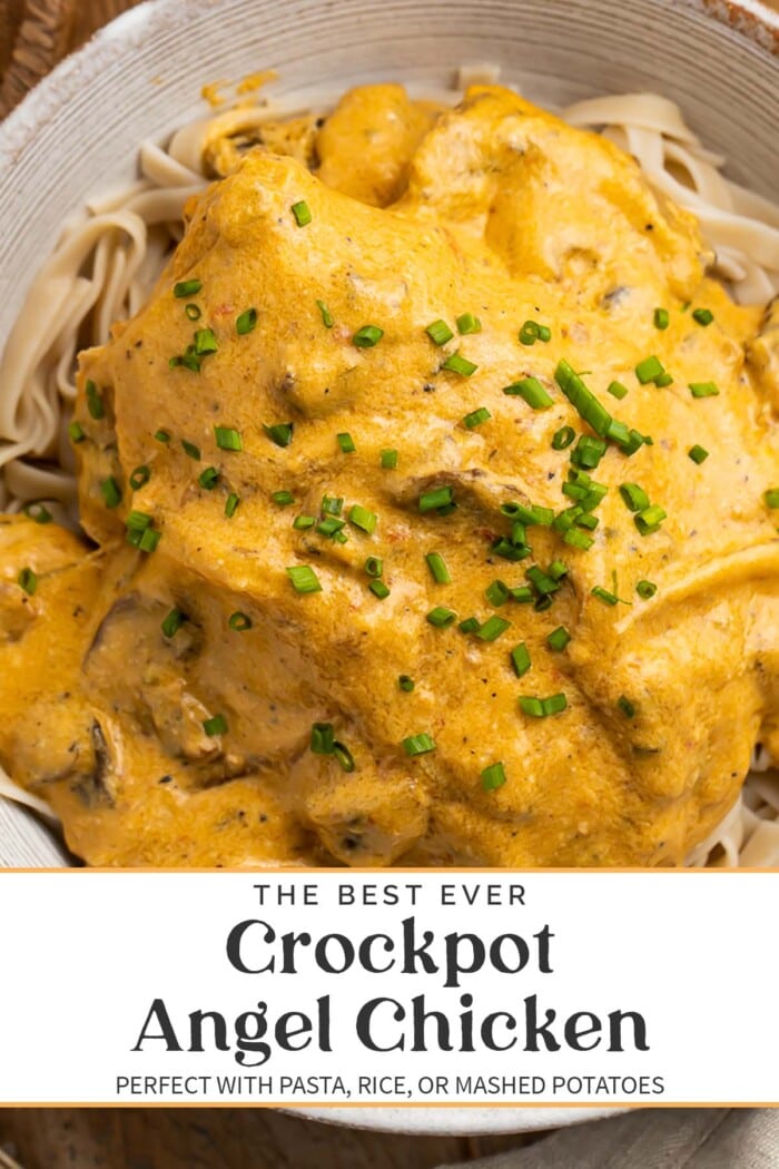 Pin graphic for crockpot angel chicken.