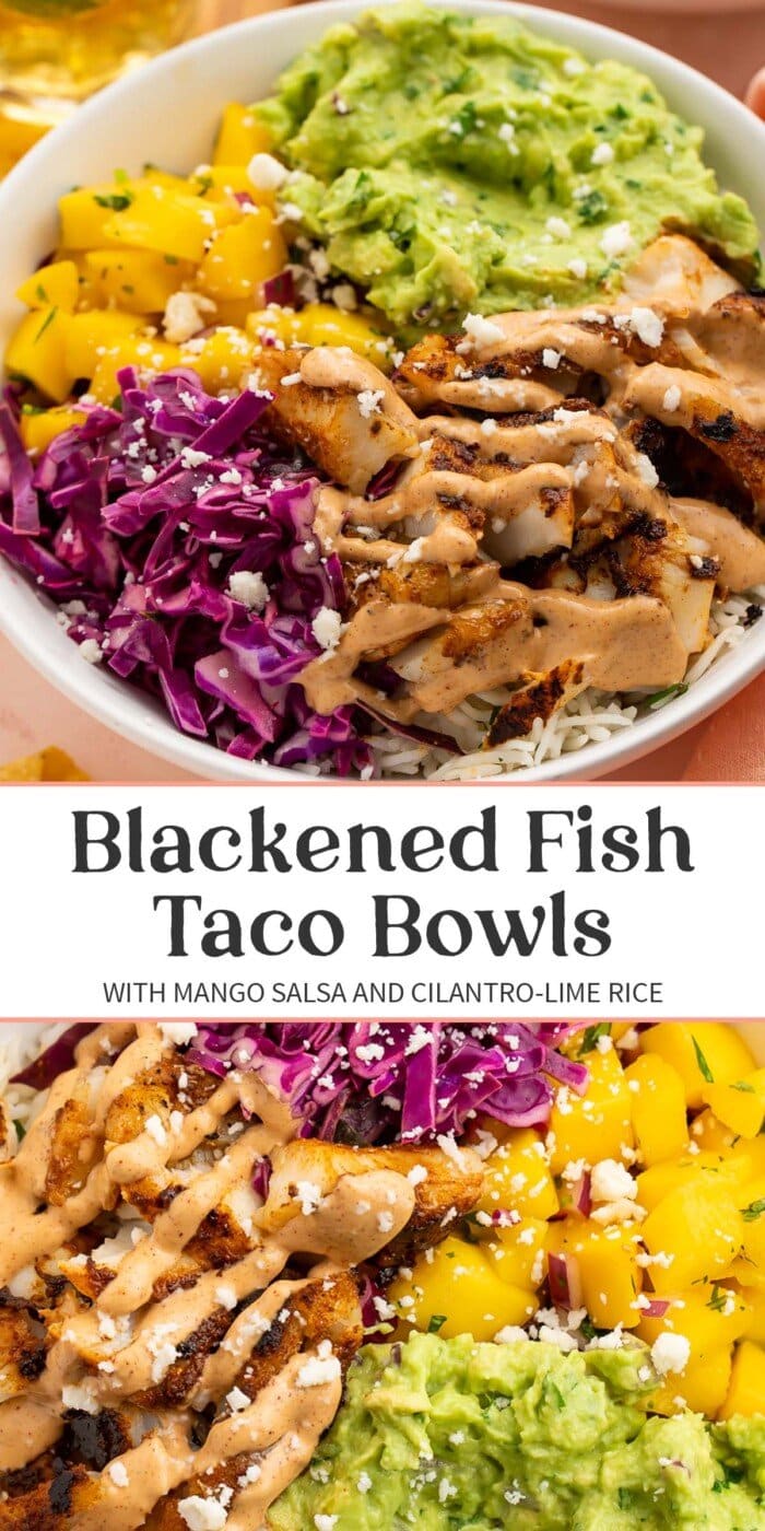 Pin graphic for fish taco bowls.