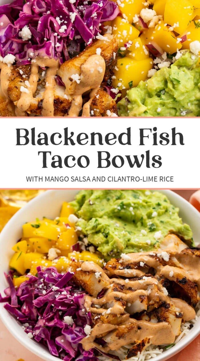 Pin graphic for fish taco bowls.