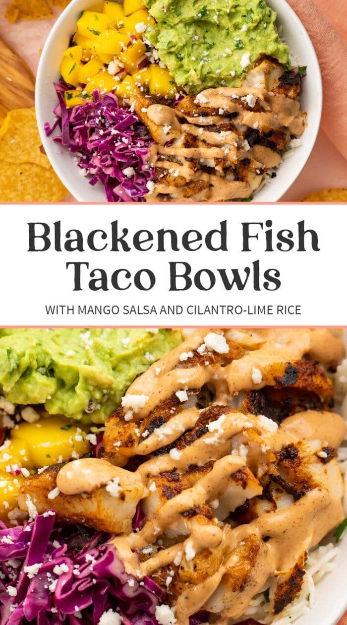 Pin graphic for fish taco bowls.