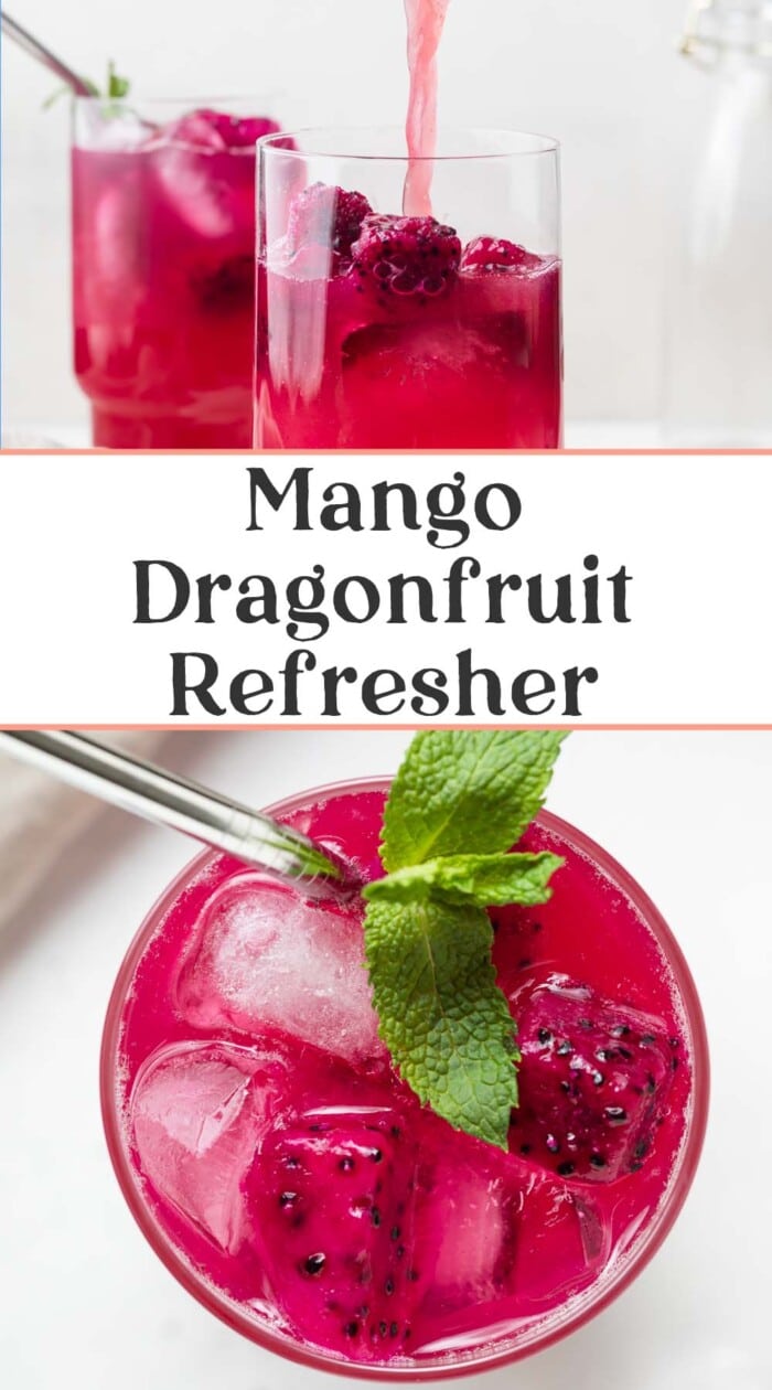 Pin graphic for mango dragon fruit refresher.