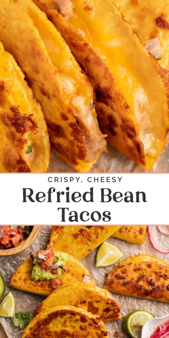 Pin graphic for refried bean tacos.