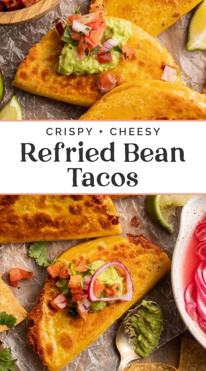 Pin graphic for refried bean tacos.