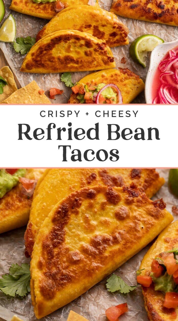 Pin graphic for refried bean tacos.