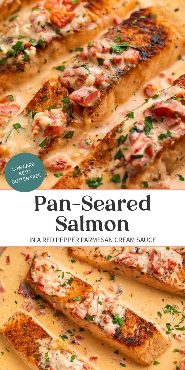 Pin graphic for salmon in red pepper cream sauce.