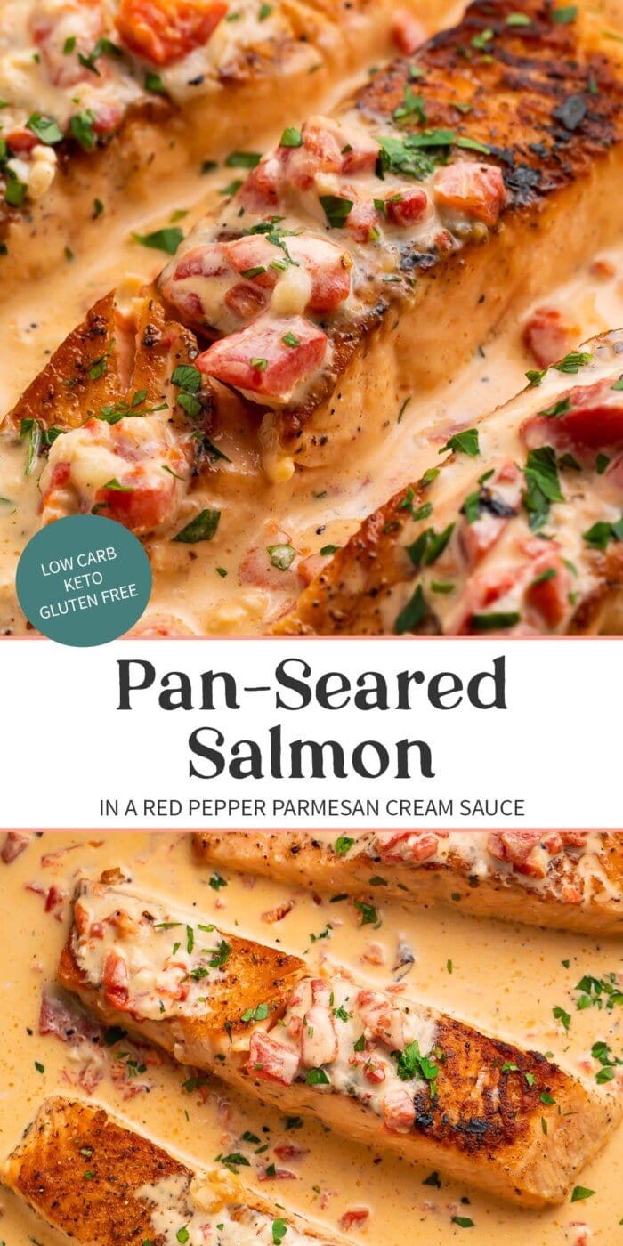 Pin graphic for salmon in red pepper cream sauce.