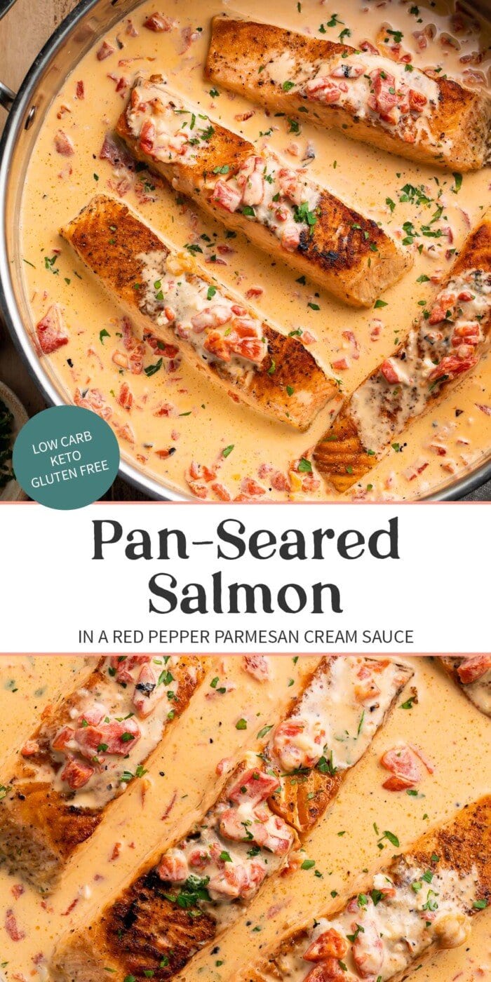 Pin graphic for salmon in red pepper cream sauce.