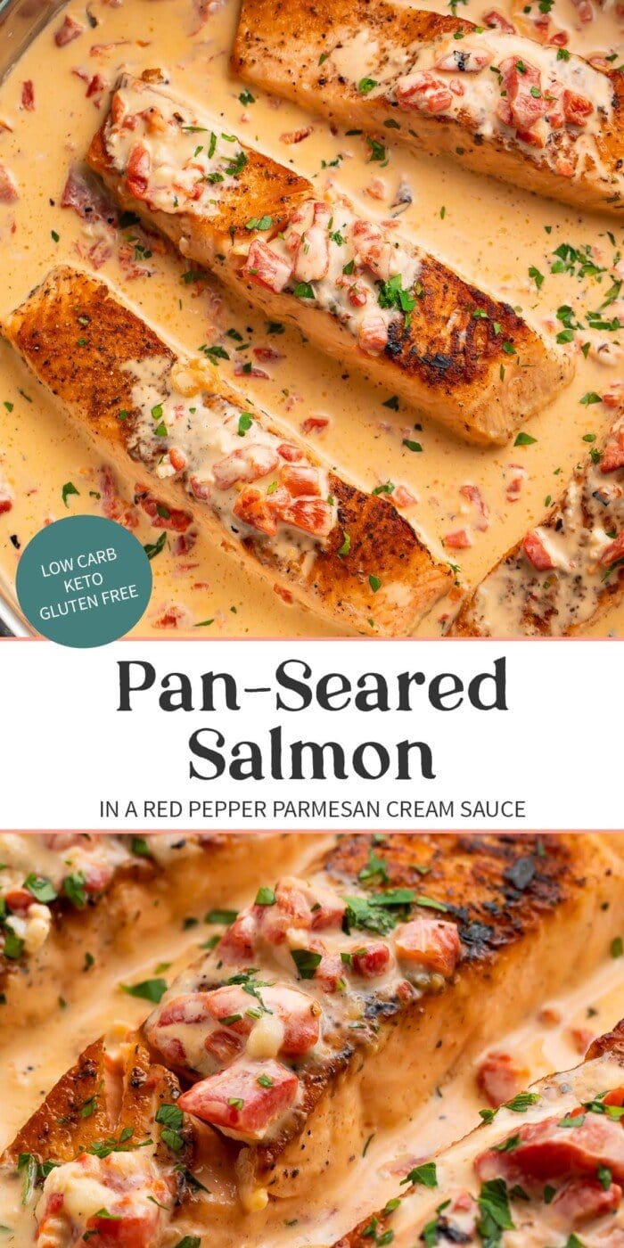 Pin graphic for salmon in red pepper cream sauce.