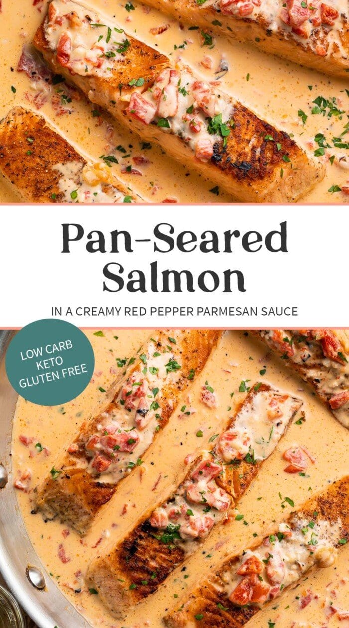 Pin graphic for salmon in red pepper cream sauce.