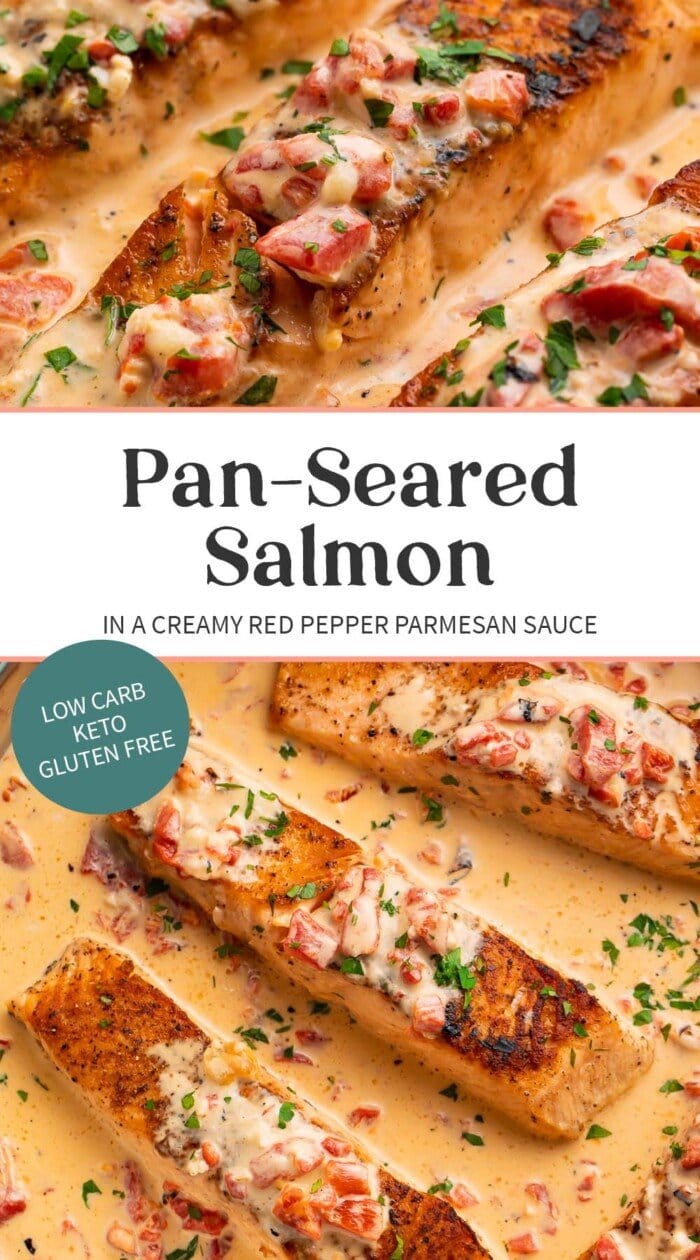 Pin graphic for salmon in red pepper cream sauce.