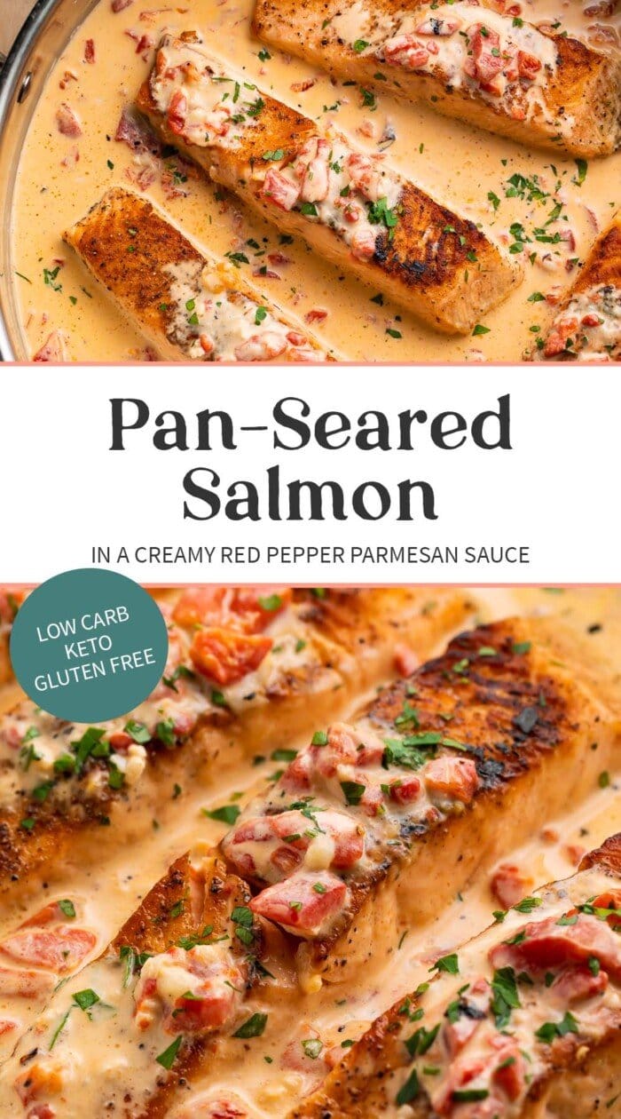 Pin graphic for salmon in red pepper cream sauce.