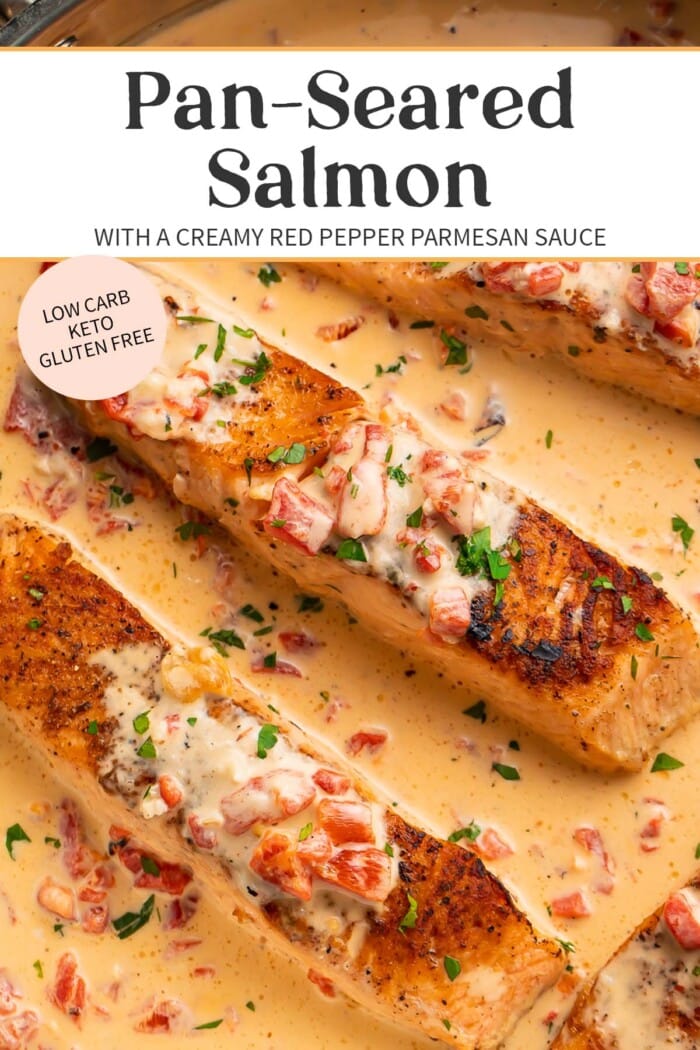 Pin graphic for salmon in red pepper cream sauce.