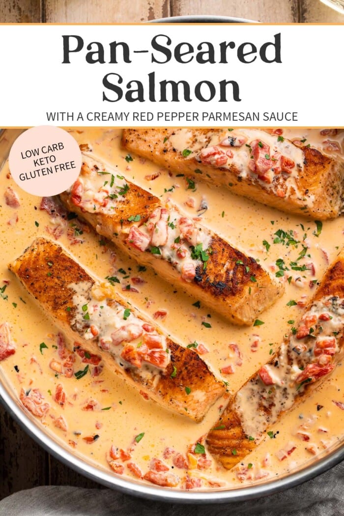 Pin graphic for salmon in red pepper cream sauce.