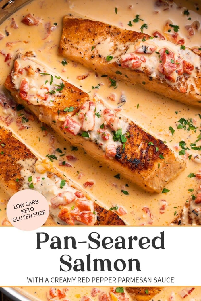 Pin graphic for salmon in red pepper cream sauce.