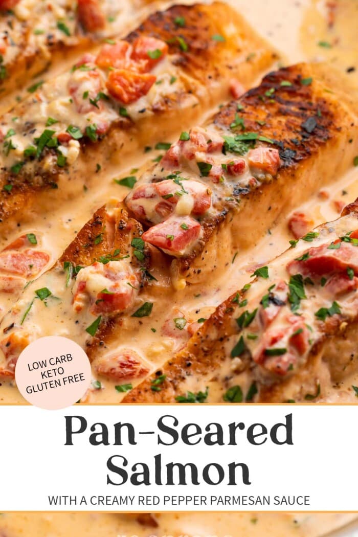 Pin graphic for salmon in red pepper cream sauce.