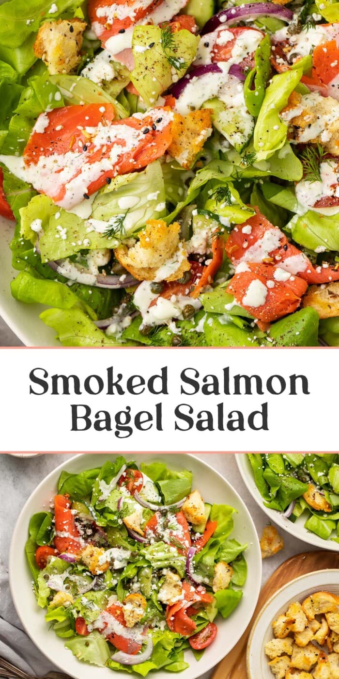 Pin graphic for smoked salmon bagel salad.