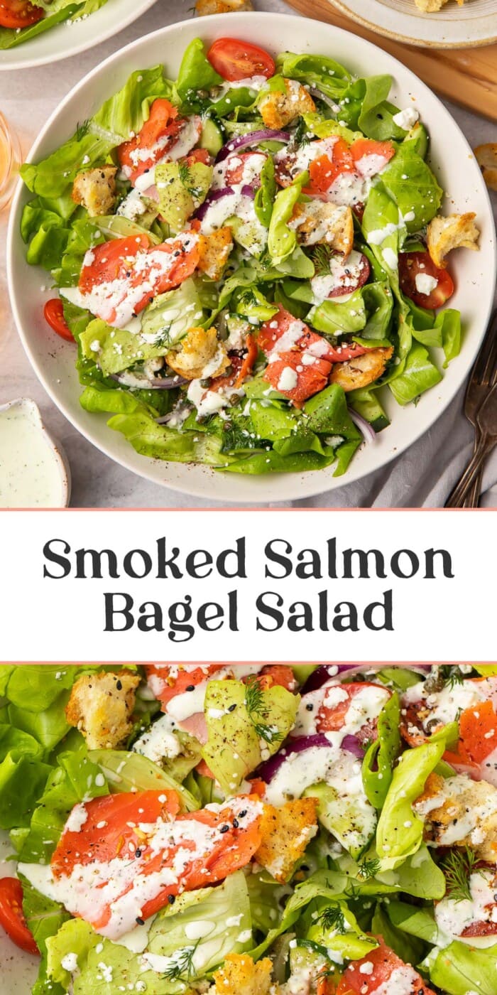 Pin graphic for smoked salmon bagel salad.