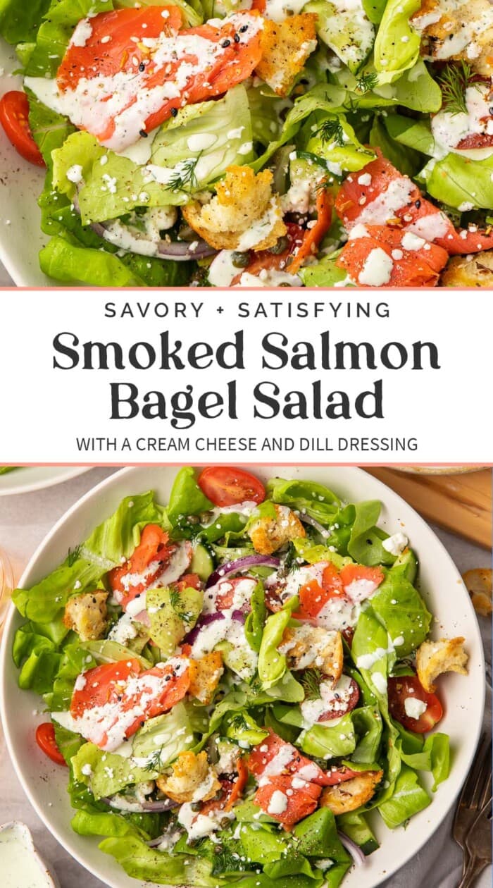 Pin graphic for smoked salmon bagel salad.