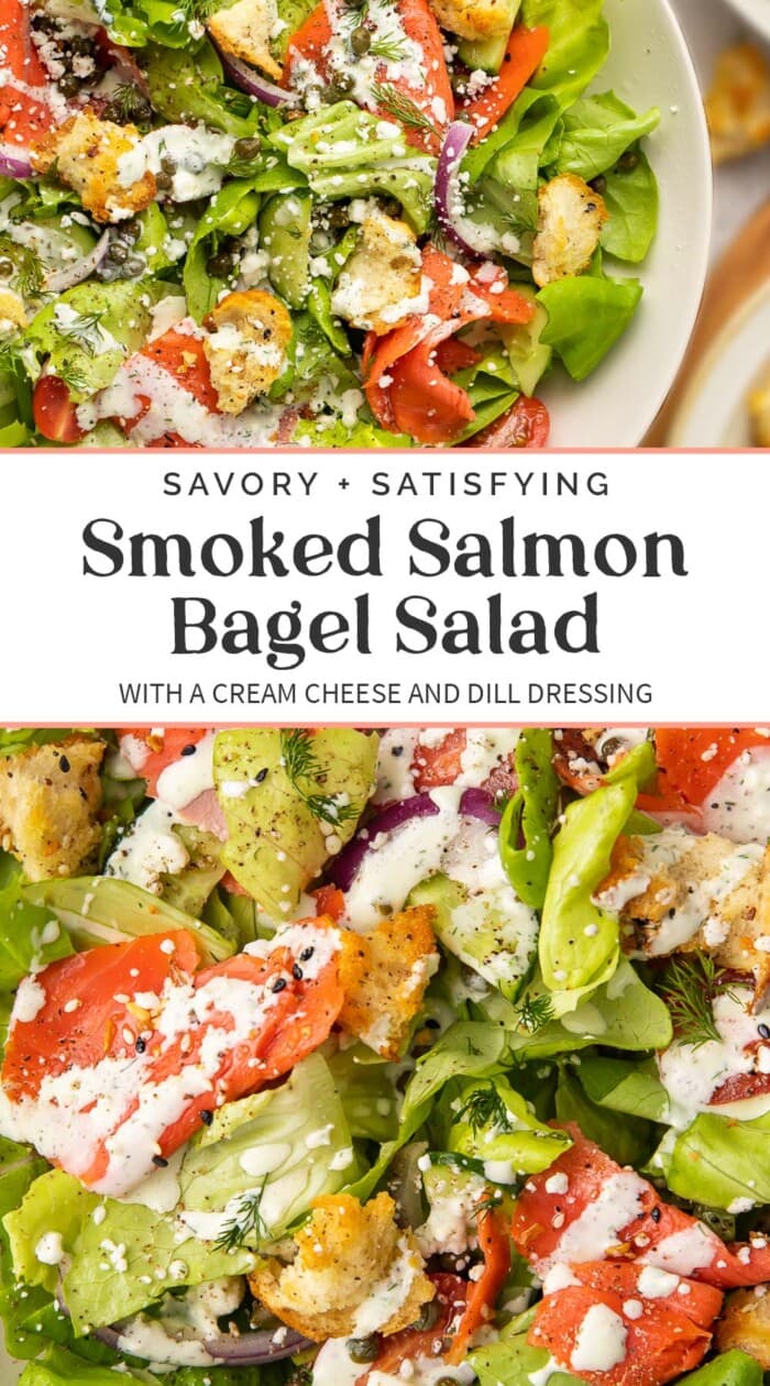 Pin graphic for smoked salmon bagel salad.