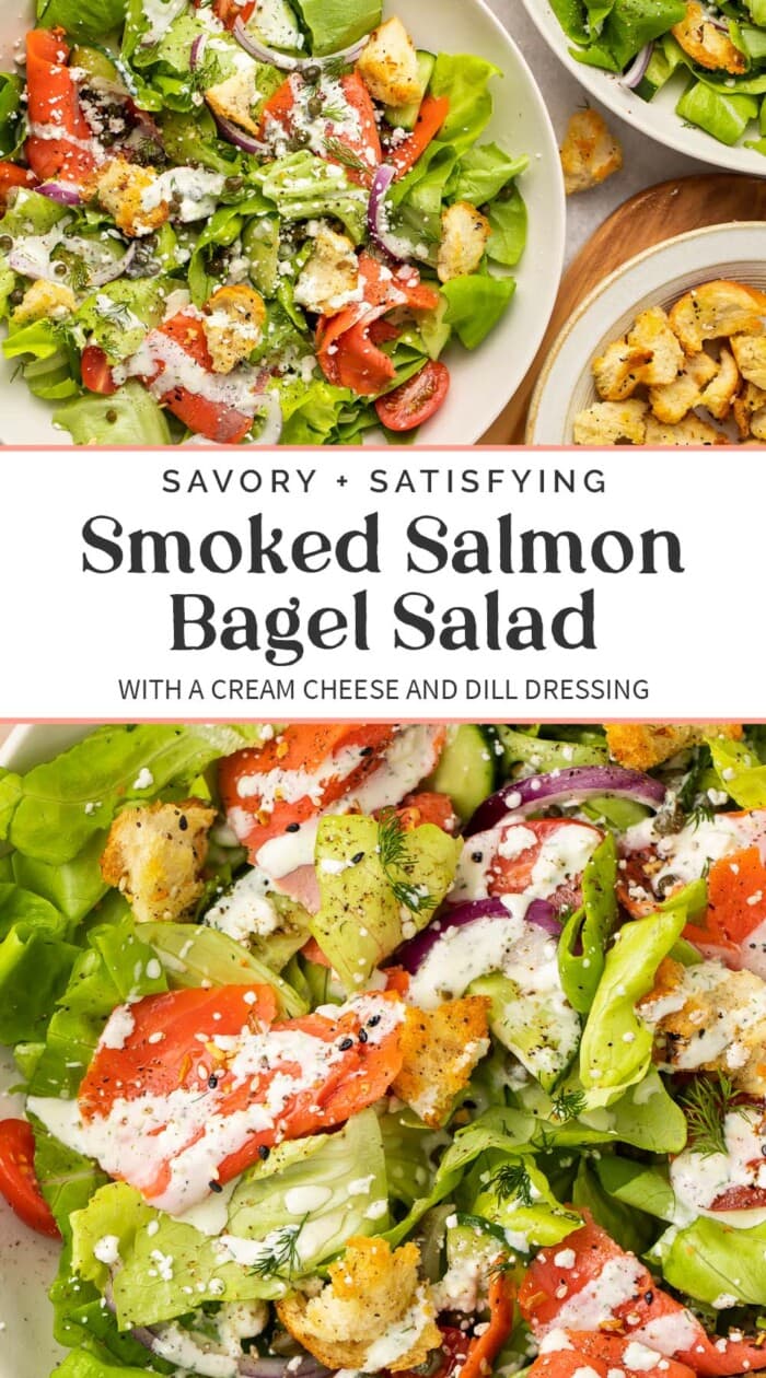 Pin graphic for smoked salmon bagel salad.