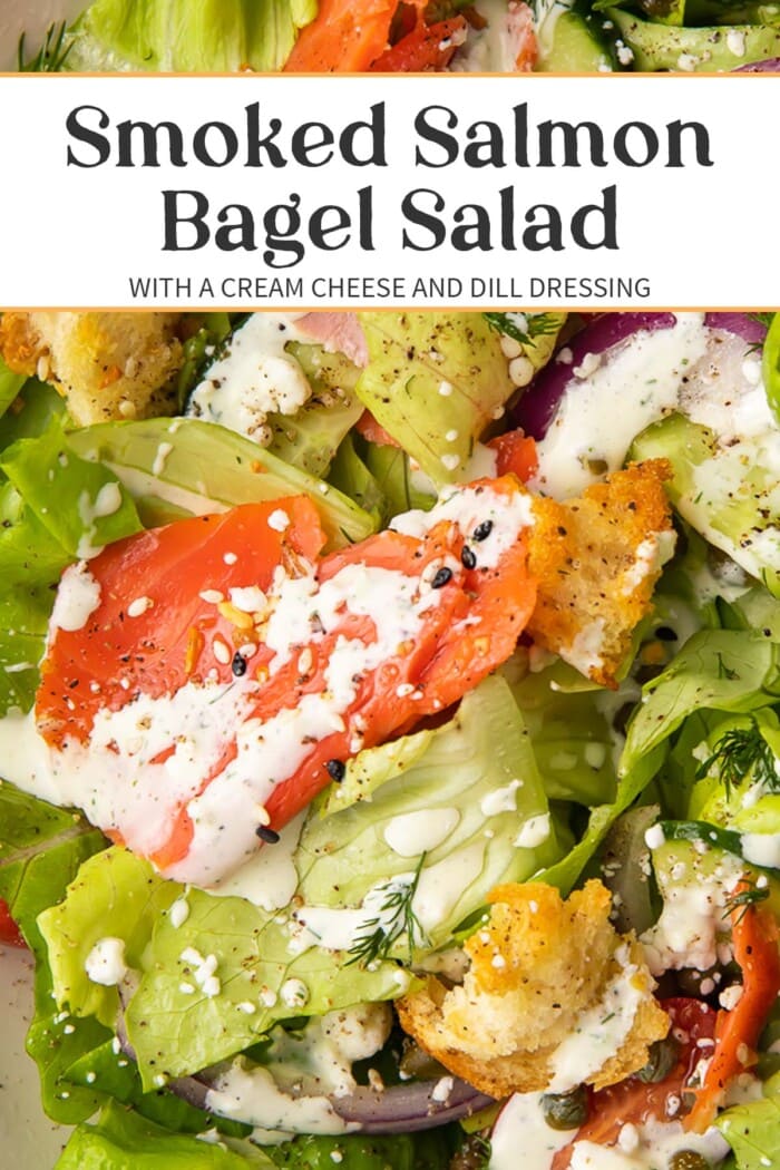 Pin graphic for smoked salmon bagel salad.