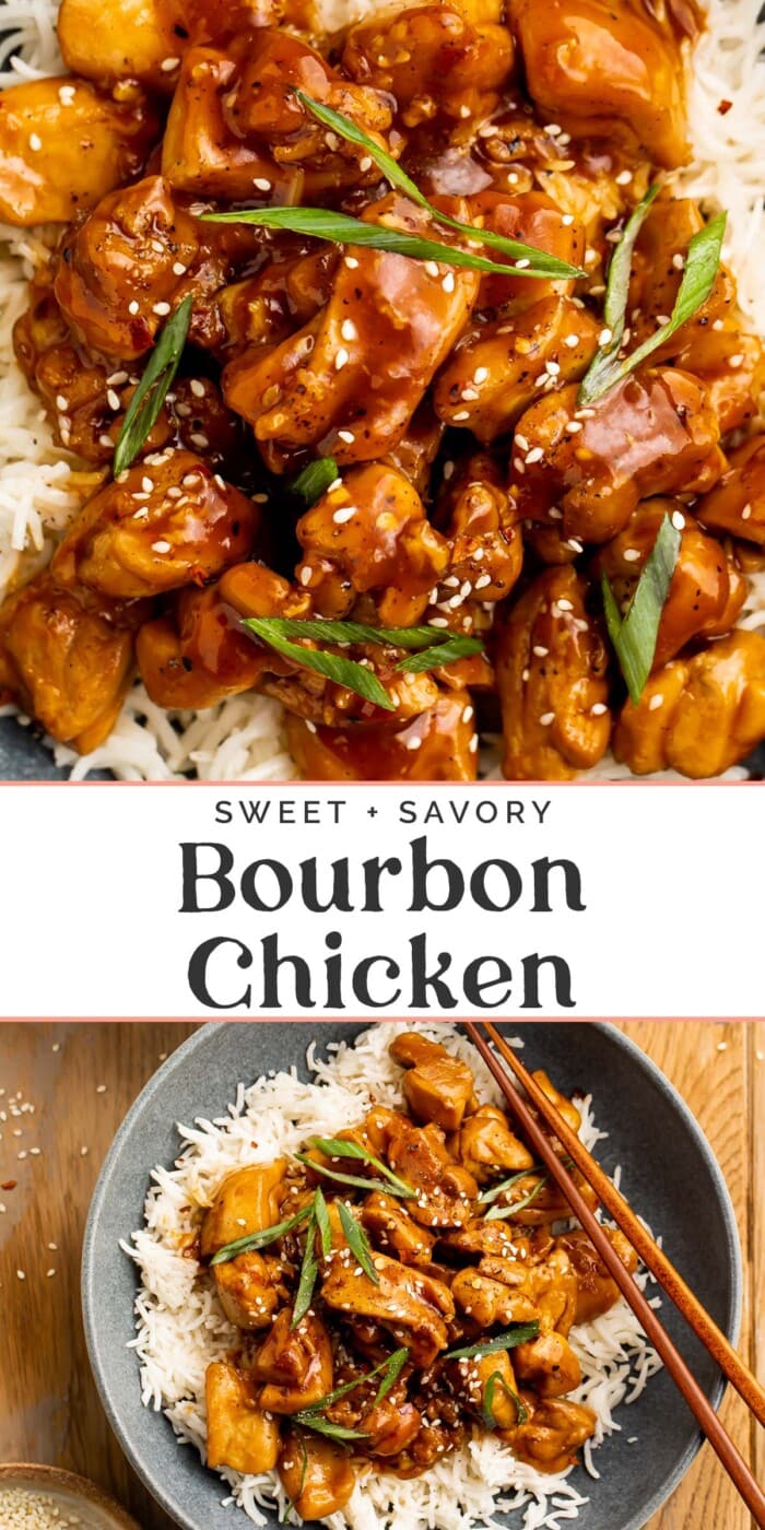 Pin graphic for bourbon chicken.