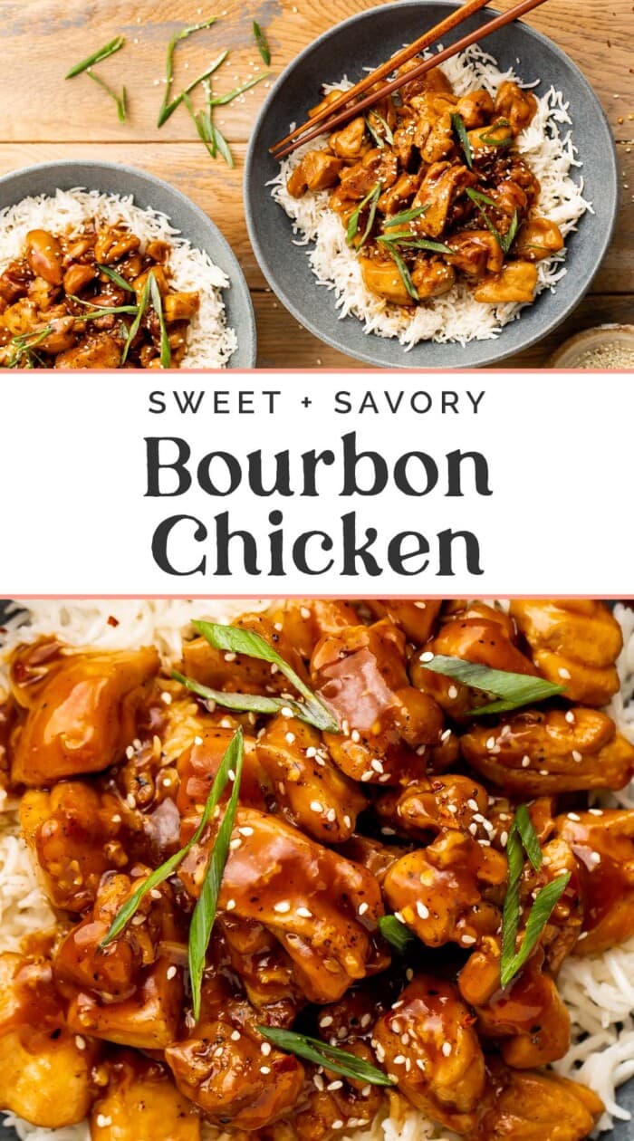 Pin graphic for bourbon chicken.