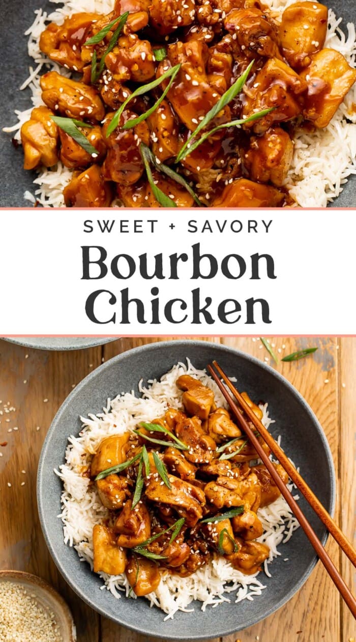 Pin graphic for bourbon chicken.