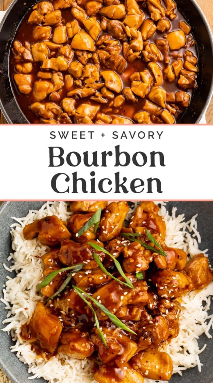 Pin graphic for bourbon chicken.