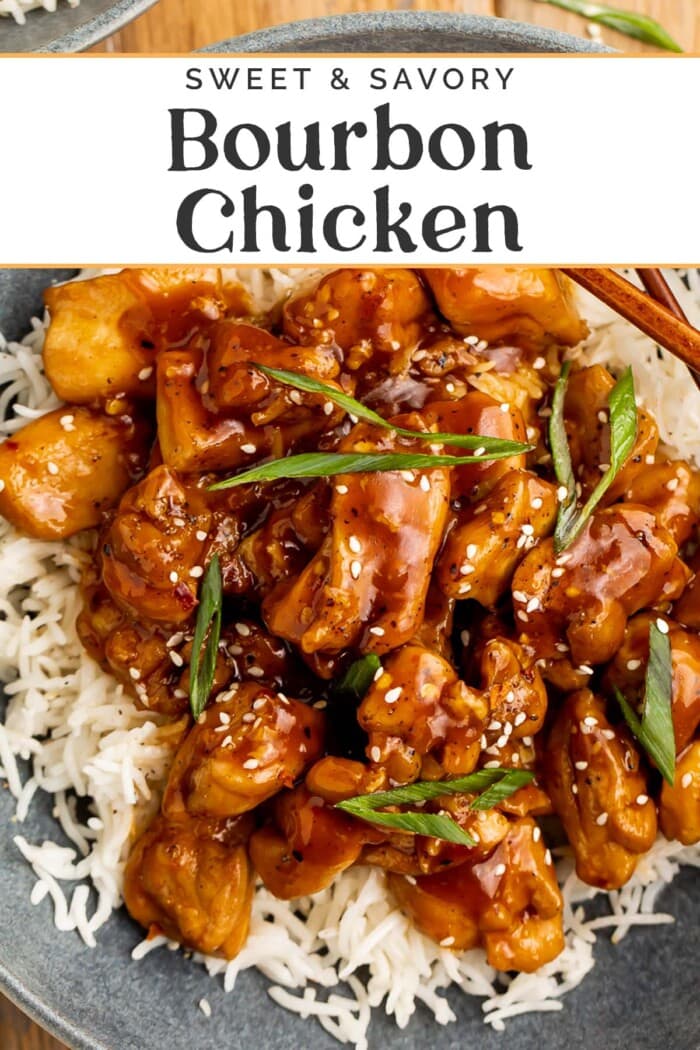 Pin graphic for bourbon chicken.