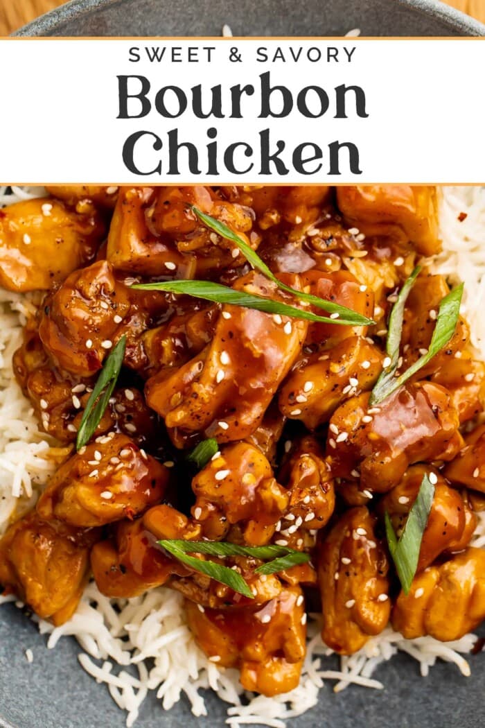 Pin graphic for bourbon chicken.